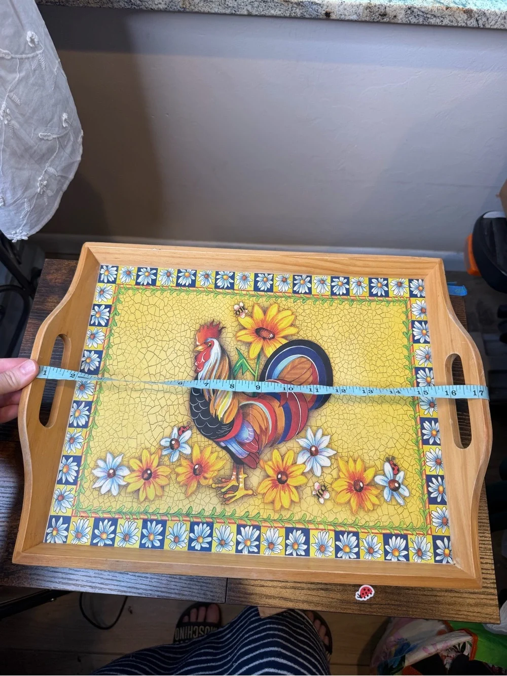 Vintage wooden serving tray vibrant hand-painted rooster sunflower motif 17x13